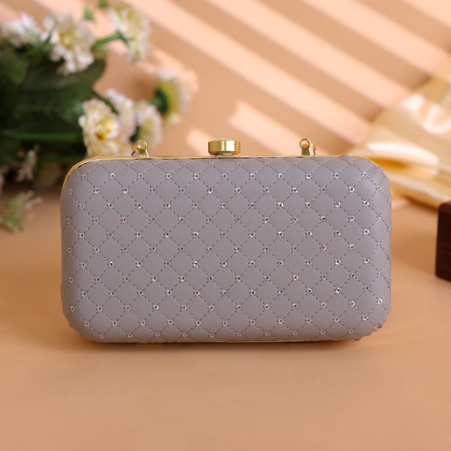 Velora Luxe Taupe Clutch – Silver Mist